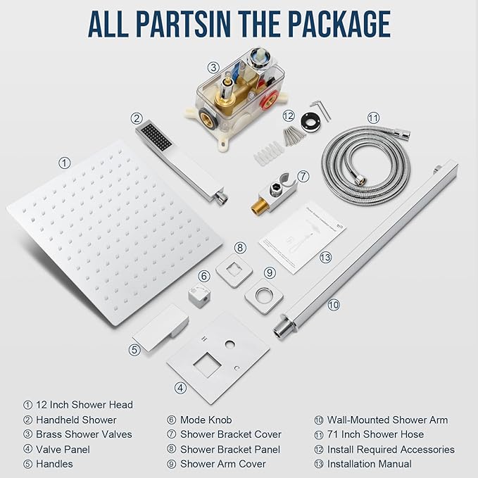 Shower Faucet Set Bathroom Square Rain Shower Head and Handle Set, Wall Mounted Shower Fixtures With Shower Valve and Trim Kit 12 inch Brushed Nickel