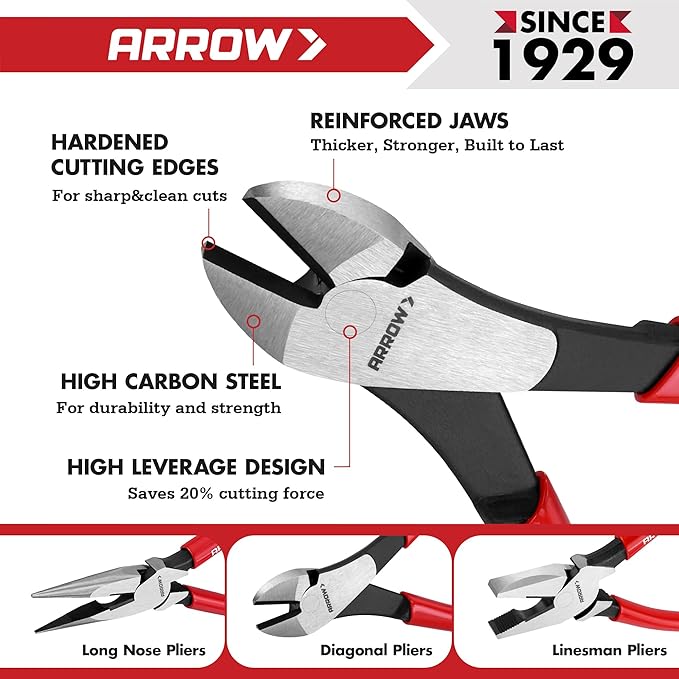 ARROW 3PCS Pliers Set, 8" Needle Nose Pliers, 7" Diagonal Plier, 8" Linesman with Non-slip Handle, Premium Carbon Steel, High Leverage Design