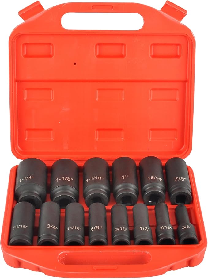 1/2" Drive 6 Point Deep Impact Socket Set 14 Piece 6 Point Impact Set Standard Impact Socket Set,SAE Sizes,CR-V(3/8-Inch to 1-1/14")