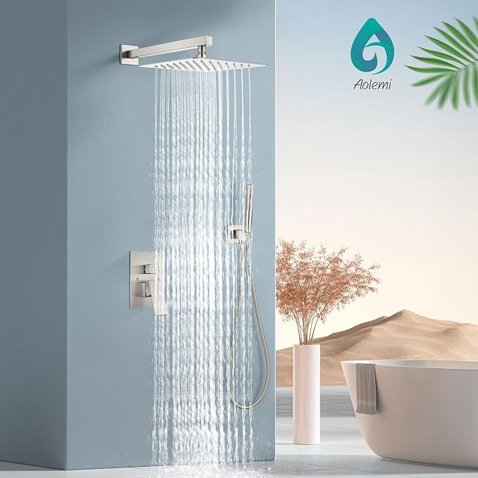 Aolemi Shower System with Rainfall Shower Head and Handheld Wall Mount,High Pressure Shower Faucet Set Fixture Combo with 2 in 1 Handheld Spray Rough-in Valve,10 Inch Shower Head Brushed Nickel