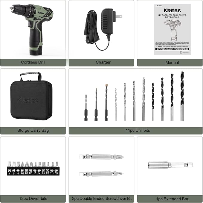 KREBS 12V Cordless Drill Set with 1.5Ah Battery & Fast Charger, 3/8-Inch Keyless Chuck 245 In-lbs 2 Variable Speed 18+1 Torque Setting with LED Electric Drill