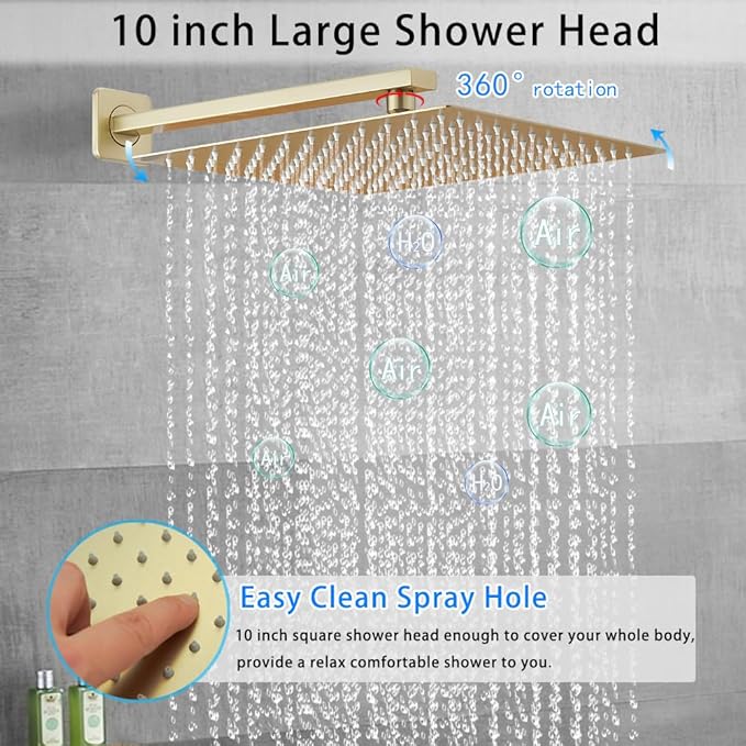 Brushed Gold Shower System YCAIKOI Wall Mount Shower Faucet Set for Bathroom 10 Inch High Pressure Luxury Shower Head with Handheld, Rough-in Valve Body and Trim Included