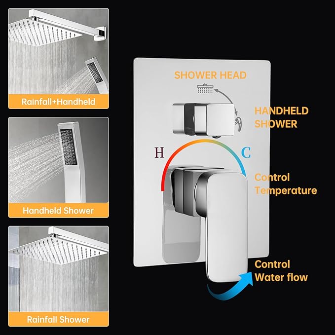 Rainfall Bathroom Shower System, 12-Inch Rain Shower Head and Handle Set, Wall Mounted Dual Shower Combo, All Metal Decorative Shower Luxury Kit Chrome (with Shower Valve)