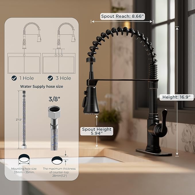 FORIOUS Rustic Kitchen Faucet with Pull Down Sprayer Oil Rubbed Brown, 3 Modes Stainless Steel High Arc Vintage Spring Sink Faucet 1 or 3 Holes for Pot Filler, Farmhouse Camper Wet Bar