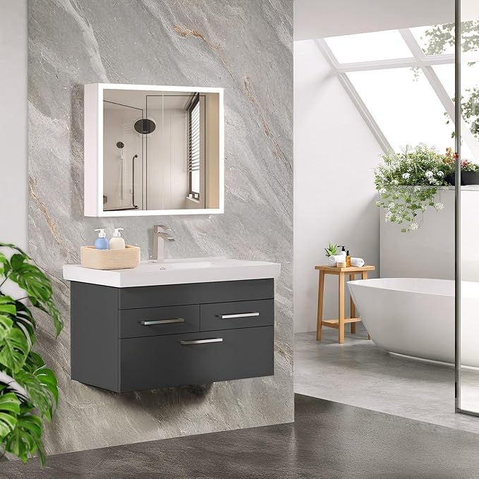 VINGLI Lighted Medicine Cabinet with Mirror Bathroom Mirror Medicine Cabinet Wall Mounted with Storage LED Lights Charging Station Defogger Modern Bathroom Mirrors for over Sink with Storage (32"*28")