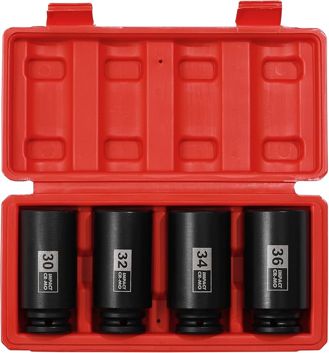 Mayouko 4PCS 1/2" Drive Deep Axle Nut Impact Socket Set, CR-MO, 12 Point Design, Metric, 30,32,34,36mm, 1/2 Inch Extra Deep Impact Socket