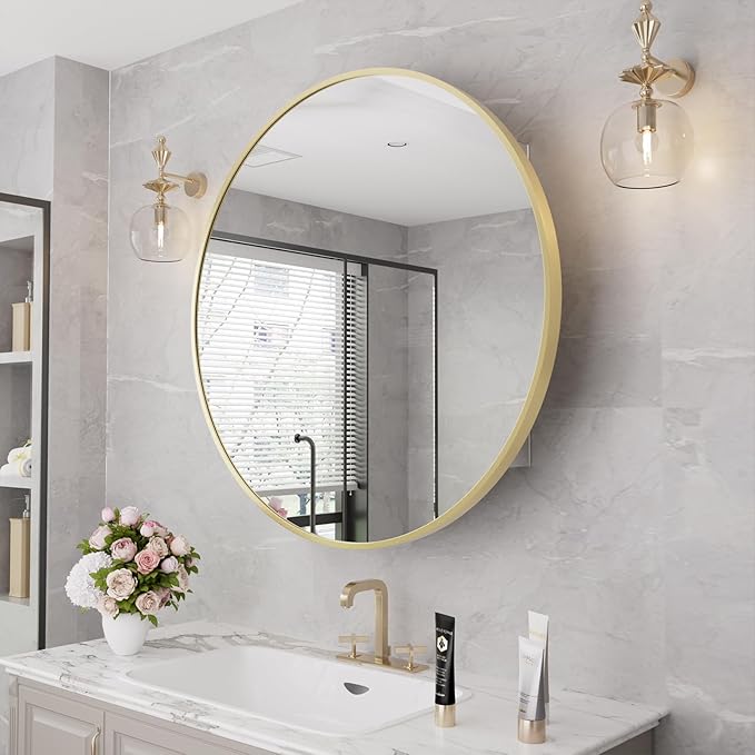 WallBeyond Bathroom Medicine Cabinet with Mirror, 28 Inch Gold Round Mirror Medicine Mabinet Wall Mounted with Aluminum Alloy Metal Framed, Surface Mount Medicine Cabinet with Storage