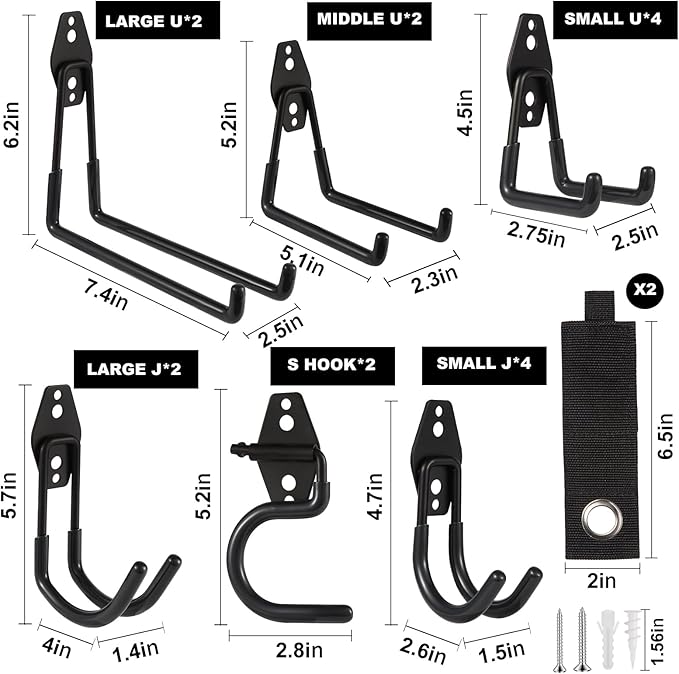Garage Hook Heavy Duty Wall Storage Hangers, 18 Pack Garage Storage Hooks Steel Tool Black for Ladders, Ropes, Garden Tools