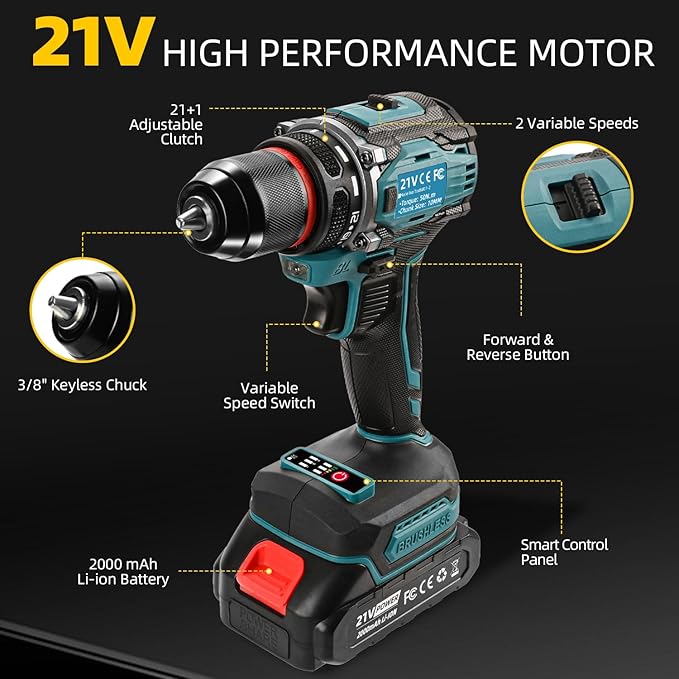 Cordless Drills Set, 21V Power Drill, Double 2000mAh Batteries Electric Drills, 2 Variable Speeds, 3/8" Keyless Chuck, 28 Piece Drill Driver Kit for Women's Garden DIY Projects (Blue)
