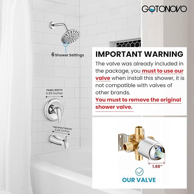 gotonovo Tub Shower Faucet Set Shower Head and Handle Set 6 Modes 6 inch Bathroom Trim Kit with Tub Spout High Pressure Shower System Combo with Valve Round Showerhead Polished Chrome