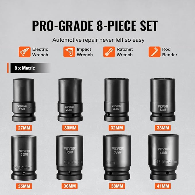 VEVOR 1" Drive Impact Socket Set, 8 Piece Deep Socket Set Metric 27-41mm, 6 Point Cr-Mo Alloy Steel for Auto Repair, Easy-to-Read Size Markings, Rugged Construction, Includes Storage Case