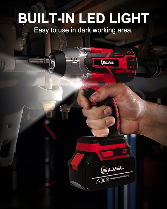 SILVEL 21V Cordless Impact Wrench 1/2 inch, 517 Ft-lbs (700N.m) Max Torque Brushless High Torque Impact Wrench w/ 1.5Ah Li-ion Battery, Charger, 6 Sockets, Extension Bar, Power Impact Gun for Car Home