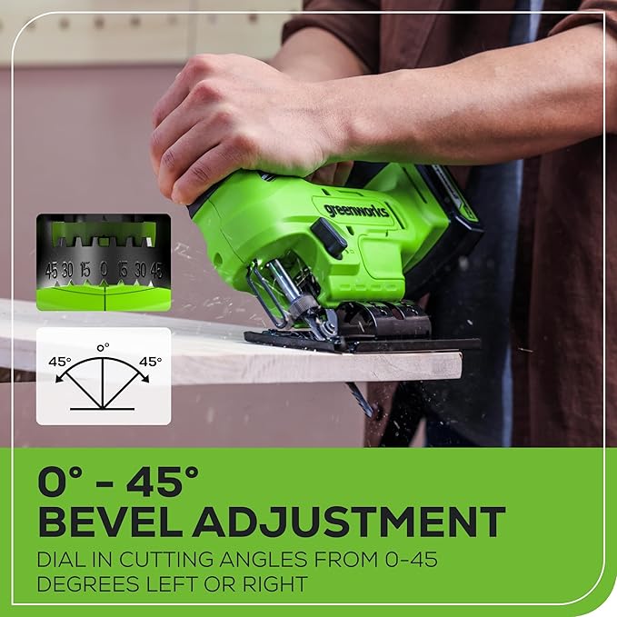 Greenworks 24V Brushless Cordless 1" Jig Saw (3,000 SPM / 4 Settings/Bevel 0°-45°/ LED Light), 1.5Ah Battery and Fast Charger Included