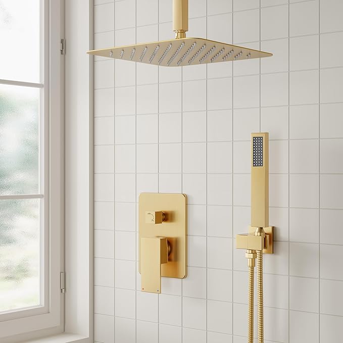 ESNBIA Shower Head System Gold, All Metal Ceiling Shower Faucet Set with Pressure Balance Valve Kit, 10 Inches Rain Head with Handheld Spray, Brushed Gold
