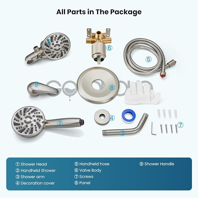 gotonovo Dual 2 in 1 Shower Head Kit High Pressure Combo System Shower Faucet 6 Modes ABS Handheld Spray Shower Trim Kit with Valve Shower Head and Handle Set Brushed Nickel