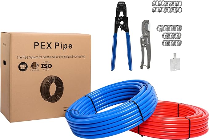 EFIELD 1/2 inch 2x75 ft Pex-b Pipe/Tool Kit- Pex-b Pipe/Tubing Blue & Red 150ft, Crimping Tool, Pipe Cutter, 30 Pieces Stainless Steel Clamps,(AB-2-75-KIT)