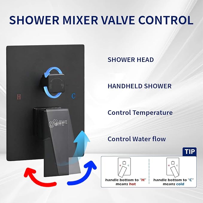 BWE Black Shower Faucet 10 Inch Square Luxury Rain Mixer Shower System Sets Complete 2-Functions Pressure Balancing Wall Mount Rainfall Rough-in Valve Body and Trim Included