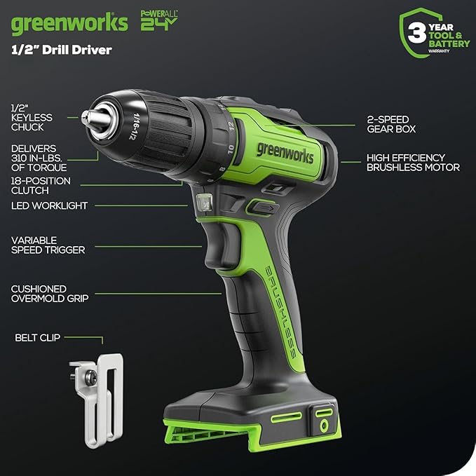 Greenworks 24V Brushless Cordless Drill Kit, 310 in./lbs, 18+1 Position Clutch, 1/2 '' Keyless Chuck, Variable Speed, Battery With 2A Charger, LED Light