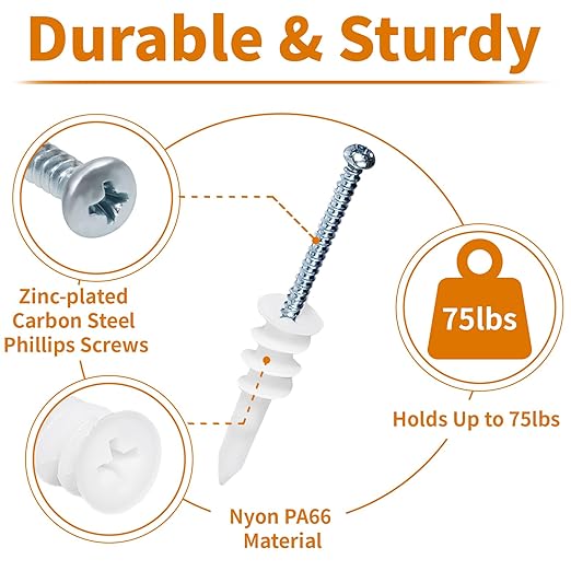320Pcs Self Drilling Drywall Anchors and Screws Kit, 3 Sizes Nylon Wall Anchors for Hollow Walls, No Pre-Drilling Required, Holds Up to 75lbs (160 Anchors + 160 Screws)