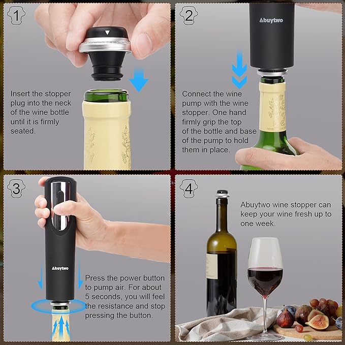 Wine Stoppers Vacuum, Abuytwo Wine Keeper Automatic Vacuum Wine Saver Pump with 6X Vacuum Wine Preserver Bottle Wine Air Stopper Beverage Sealer Set Reusable Air Remover Keep Wine Fresh