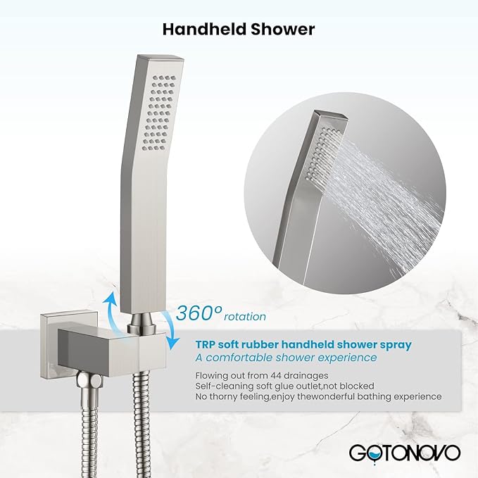 gotonovo Rainfall Tub Shower Faucet Set Bathroom Shower System with Tub Spout Wall Mount Square High Pressure Shower Fixtures with Handheld Sprayer Rough-In Valve 8'' Shower Head,Brushed Nickel