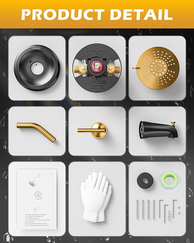Shower Faucet Set with Valve, WOWOW Shower Trim Kit with 6-Inch Rain Shower Head and Tub Spout, Single Handle Shower Tub Combo complete Sets Wall Mount, Black and Gold