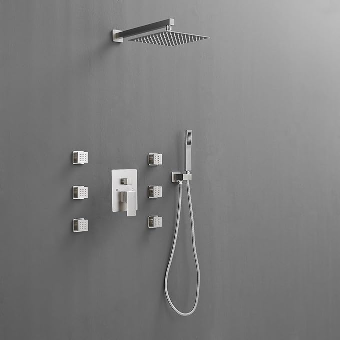 BWE Brushed Nickel Shower System with Body Jets,10 Inch Rain Shower Head,with 6 Body Spray Jets and Handheld Shower,Wall Mounted Shower Faucet Set,Rough-in Mixer Valve and Trim Included