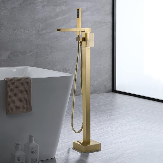 TapLong Freestanding Tub Faucet๏ผWaterfall Tub Filler Freestanding Bathtub Faucet Brushed Gold Single Handle Stand Alone Brass Bathtub Faucet with Hand Held Shower, 51001ZBGG