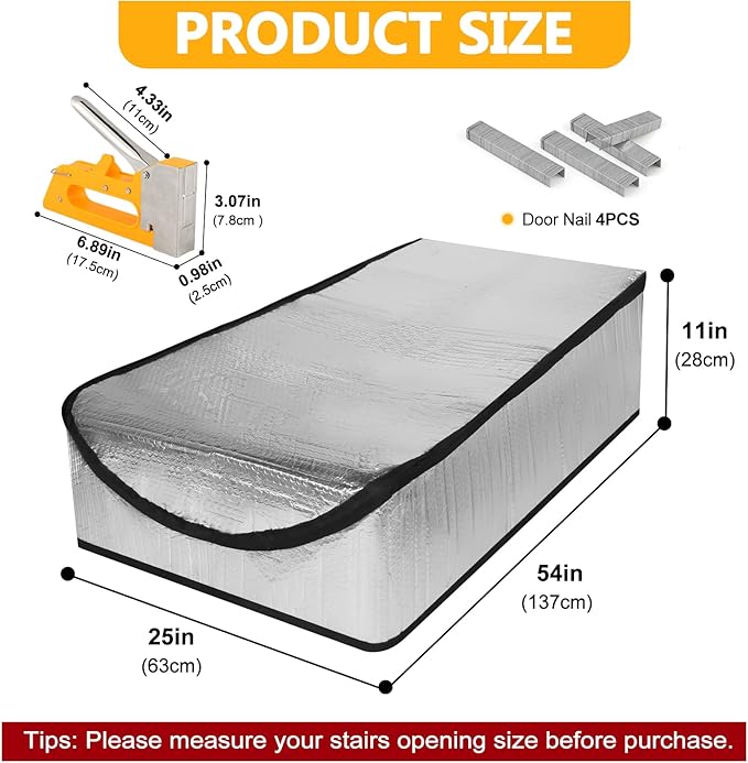 Attic Door Insulation Cover for Pull Down Ladder 54"L x 25"W x 11"H, Attic Stairway Insulator Tent Thicken Foil Bubble Fireproof with Installation Tools Set, for Ceiling Access Stair Loft Hatch