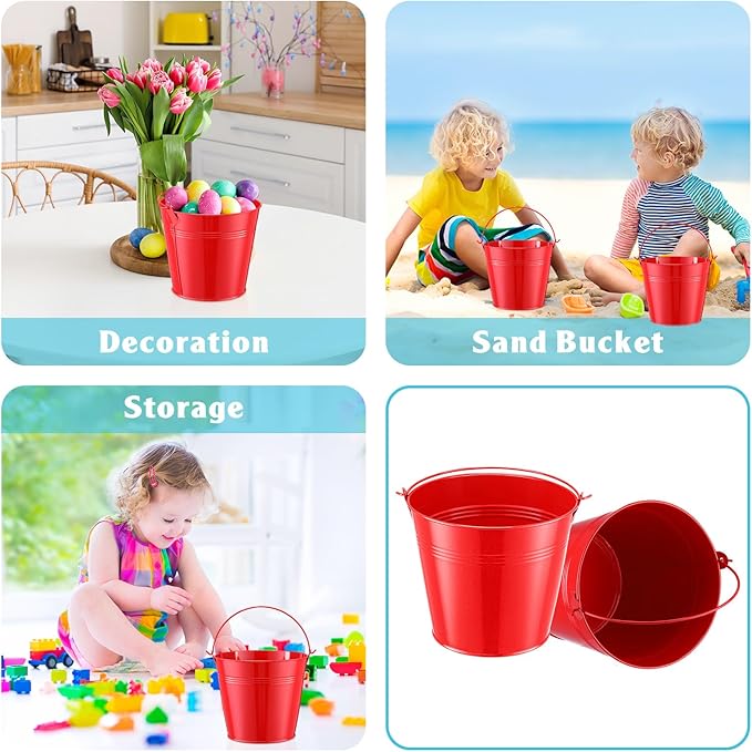 Rtteri 24 Pcs Metal Bucket, Small Metal Bucket, Party Favor Buckets with Handle, 6 x 5 Inch Ice Bucket for Kids, Flower Pot Plant Basket, Mini Toy Containers for Crafts Candy (Red)
