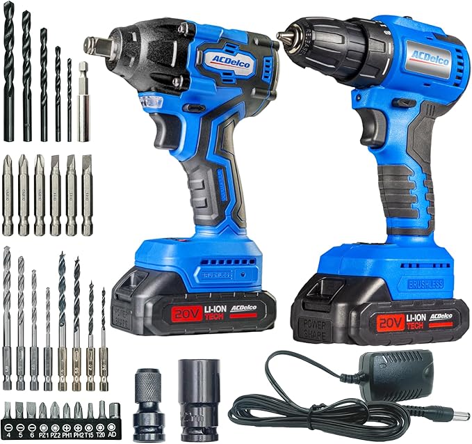 ACDelco ARI20132-K1 20V Cordless Drill, Impact Driver,Impact drill, 2 Tool Power Tool Combo Kit, Brushless Power Tool Set with 2 Batteries and Charger Included