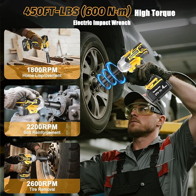 Cordless Impact Wrench 1/2 Inch, 21V Max Brushless, 450 Ft-lbs (600N.m) Max Torque, 3-Speed, w/ 4.0Ah Battery & Quick Charger, 6Pcs Impact Sockets - for Automotive Repair, Tire Changing, Home DIY