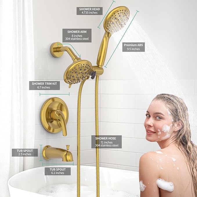 SR SUN RISE 5-Spray Dual Shower Head Cmbo Tub Faucet Set 3-Way Shower Head and Hand Held Shower Tub Faucets Sets Complete Single-Handle Tub and Shower Trim Kit, Brushed Gold (Valve Include)