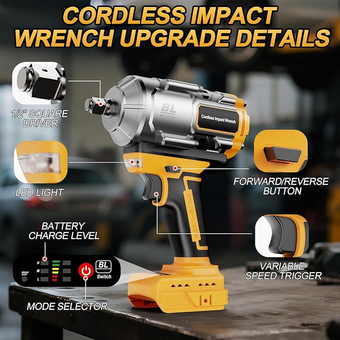 Cordless Impact Wrench 1/2 Inch for De-Walt 20V Battery, 1200N.m High Torque Brushless Electric Impact Gun, 3-Speed, 5 Sockets, Power Impact Driver for Car Tires, Auto Repair(No Battery)