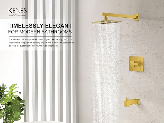 KENES Brushed Gold Tub and Shower Trim Kit, Modern Shower Faucet Set with Single-Spray Gold Shower Head, Square Shower Faucet, KE-6024A-4 (Shower Valve Included)