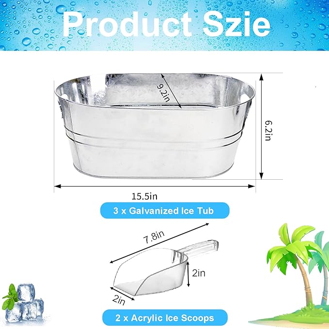 3Pcs Ice Buckets for Parties, 4 Gallon Small Metal Bucket Galvanized Ice Tub Stainless Steel Beverage Drink Buckets Bulk with 2Pcs Ice Scoops, Each for 5-6 Bottles of Beer Wine Champagne