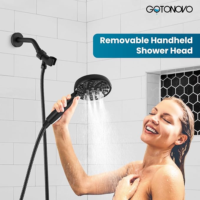 gotonovo Bathroom Shower Head Kit High Pressure Combo System Shower Faucet 6 Modes ABS Handheld Spray Shower Trim Kit Valve Included Shower Head and Handle Set Matte Black