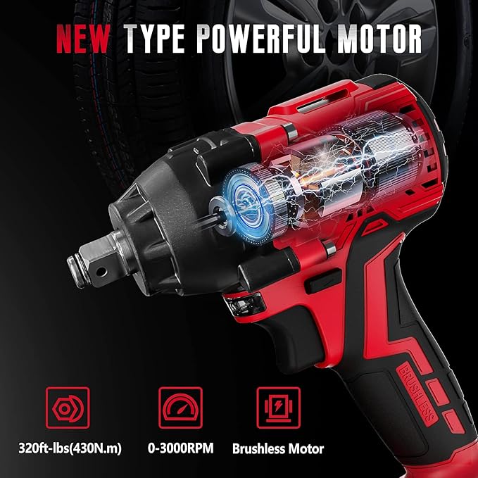 SEYVUM Impact Wrench,1/2" Impact Gun, Power Impact Driver Max Torque 320 Ft-lbs (430N.m), Cordless Impact Wrench with 20V Brushless Motor, 4.0Ah Li-ion Battery with Fast Charger, 4 Pcs Impact Sockets