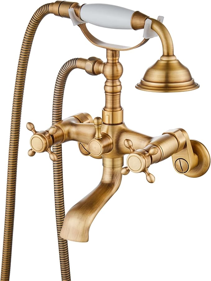 gotonovo Clawfoot Bathtub Faucet Tub Filler with Hand Held Shower Faucet Set Victorian Double Cross Handle 6 Inch Center Adjustable Swing Arms Tub Mount Short Adapter Antique Brass
