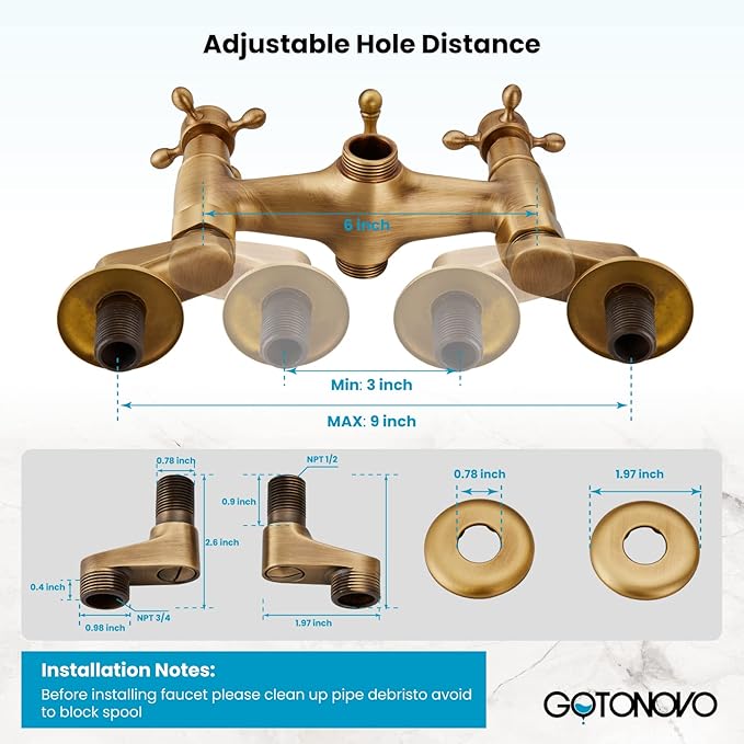 gotonovo Clawfoot Bathtub Faucet Tub Filler with Hand Held Shower Faucet Set Victorian Double Cross Handle 6 Inch Center Adjustable Swing Arms Tub Mount Short Adapter Antique Brass