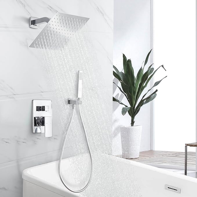 Rain Shower System with Handheld Shower, 10 Inch Wall Mounted Shower Faucet Set Bathroom Luxury Rain Mixer Shower Combo Set Rough-in Valve and Trim Kit, Chrome