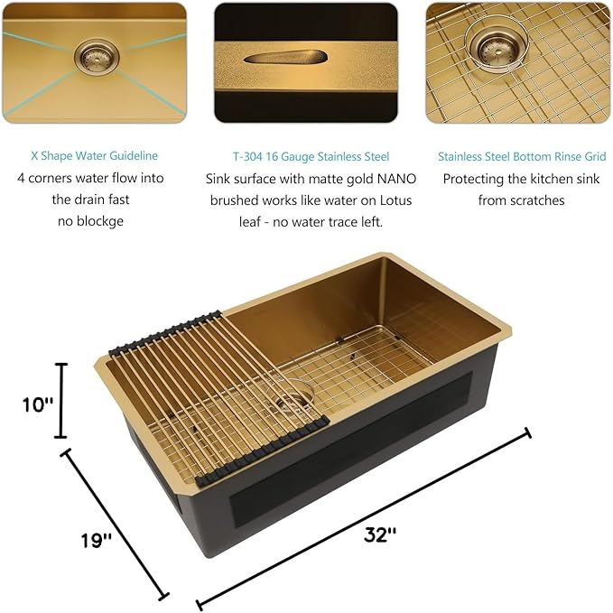 Lordear 32 Undermount Kitchen Sink Matte Gold 32X19 Kitchen Sinks16 Gauge Stainless Steel Deep Single Bowl Handmade Sink Basin