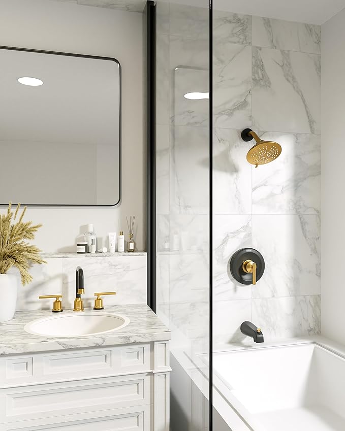 Shower Faucet Set with Valve, WOWOW Shower Trim Kit with 6-Inch Rain Shower Head and Tub Spout, Single Handle Shower Tub Combo complete Sets Wall Mount, Black and Gold