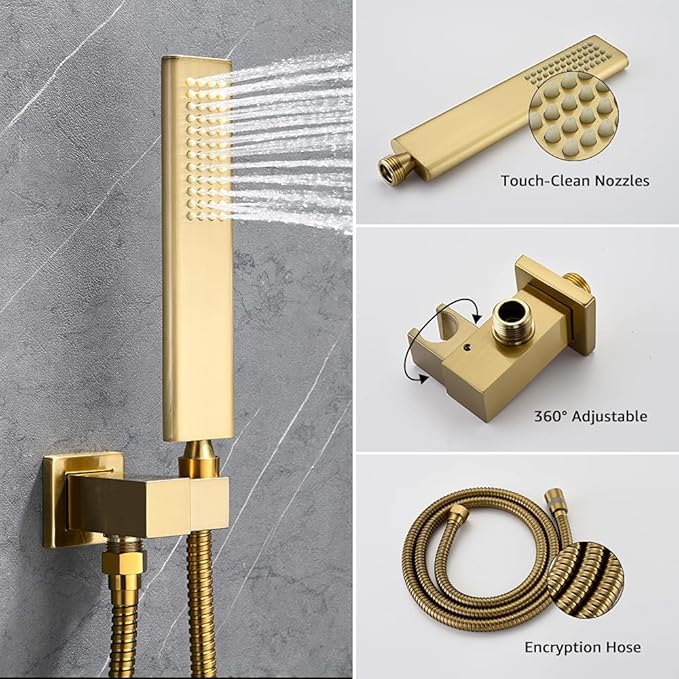 Iriber Brushed Gold Rain Shower System with 10 Inch Shower Head and Handheld Bathroom Wall Mounted Shower Set Contain Shower Faucet Mixer and Trim Kit (Valve Included)