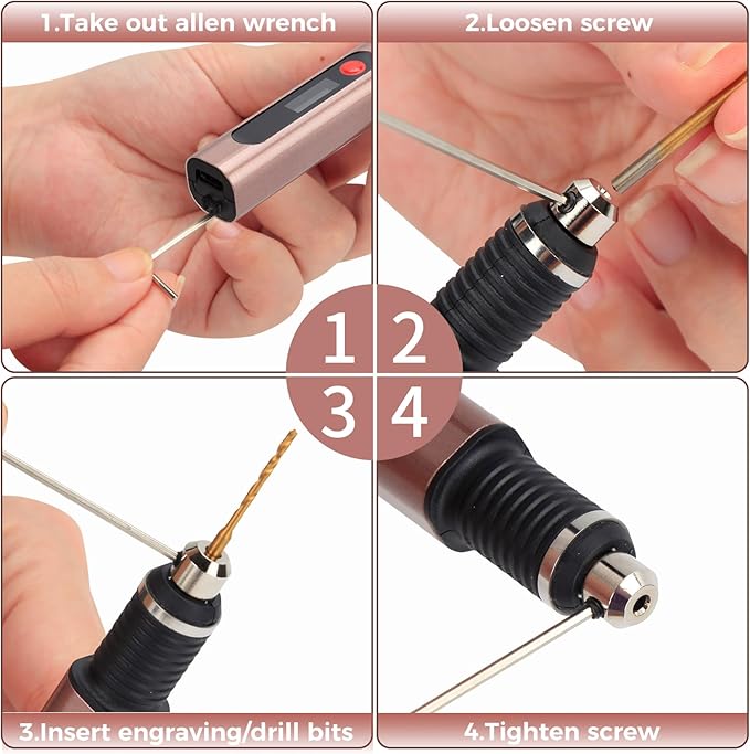 3-Speed Cordless Mini Drill Pen, Rechargeable DIY Electric Hand Drill with 10 Small Drill Bits for Jewelry Making Stone Plastic Resin Keychains-Beginner Friendly (Red Brown)