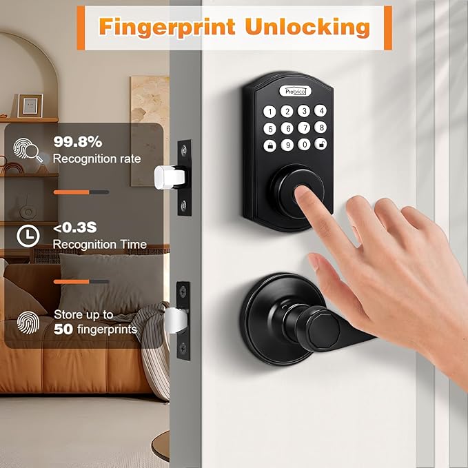 Probrico Keypad Door Lock with Handle Keyless Entry Door Lock, Smart Locks for Front Door Fingerprint Deadbolt with Handle, Black Smart Deadbolt Entry Door Handle Set
