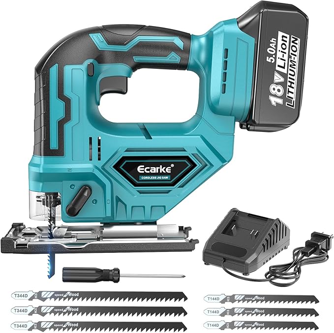 JigSaw Compatible With Makita 18V Battery, Brushless Cordless jigsaw tool with Variable Speed LED Light, ±45° Bevel Cuts 3-Position Orbital Action for Cutting (With 5Ah Battery & Charger Station Kit)