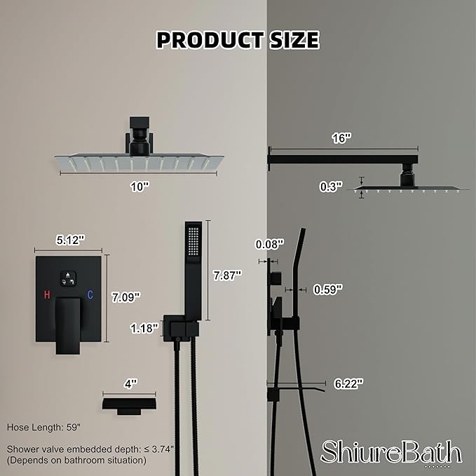 10 Inch Shower Faucet Set with Tub Spout Wall Mounted Shower System for Bathroom with High Pressure 10 Inch Rain Shower head and Handheld Shower Head Set, Matte Black