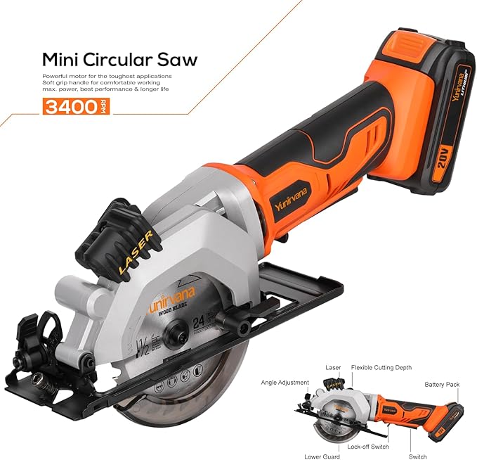 Mini Circular Saw, 20V 3400RPM Professional Cordless Circular Saw, Adjustable Angle and Depth,Max Cutting Depth 1-2/3"(90°), 1-1/8"(45°), Laser Guide, Rip Guide