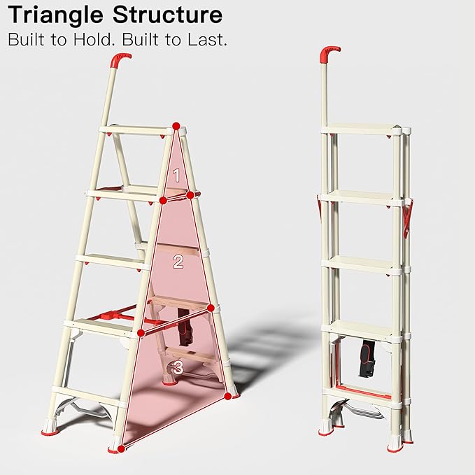 Telescoping 5-Step Ladder, 4.4FT Folding Step Stool with Safety Lock, Wide Non-Slip Pedals & Retractable Handgrip, Heavy Duty 380 lbs for Home & Outdoor